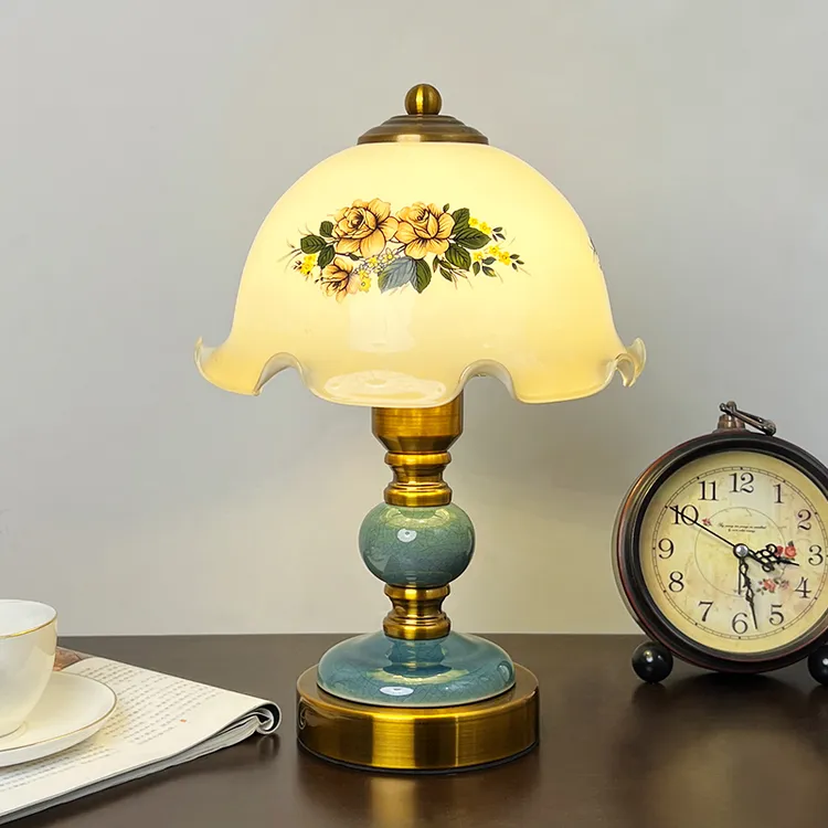 北欧美式复古玻璃床头柜陶瓷台灯LED三色光家居氛围温馨书房客厅