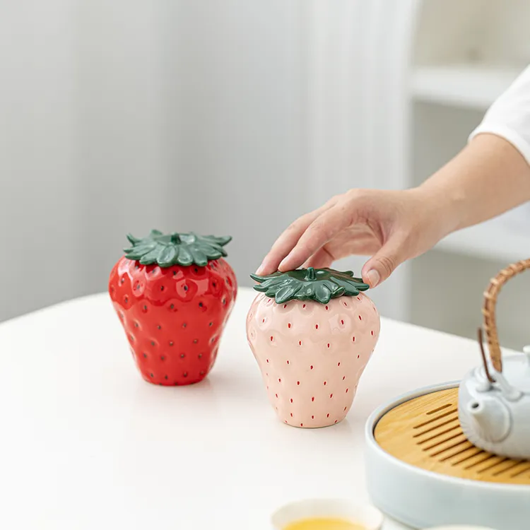 草莓茶叶罐创意陶瓷带盖便携茶仓功夫茶具茶道配件中式