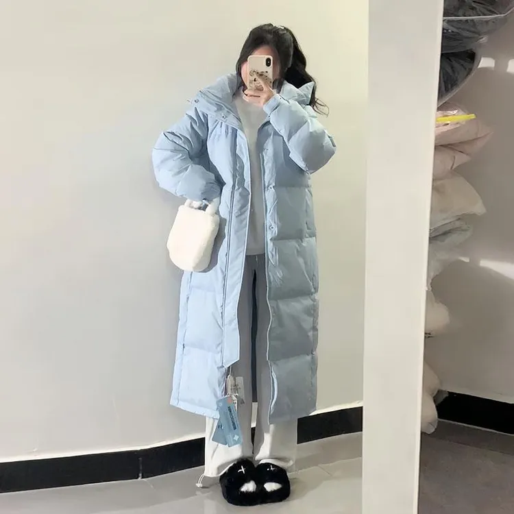 MM明摩秋韩国高级感中戏蓝色连帽羽绒服女冬2024新款宽松百搭情侣