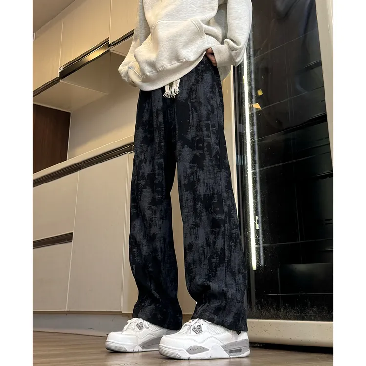 美式高街扎染裤子男秋季直筒宽松抽绳运动裤子渐变设计休闲长裤