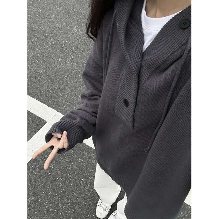 美式复古连帽毛衣男春秋季cleanfit半开衫针织衫慵懒风情侣外套潮