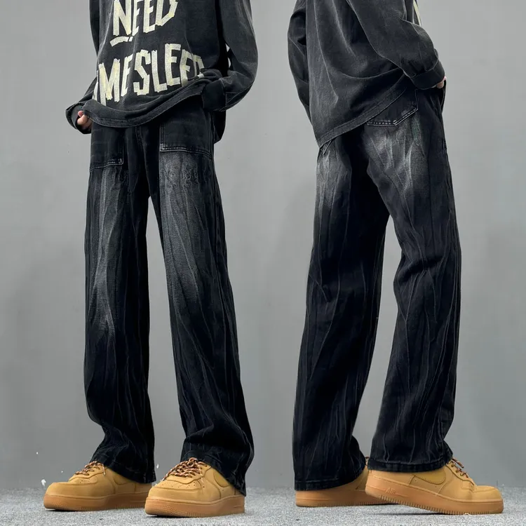 纯黑美式复古闪电纹牛仔工装裤男款潮牌痞帅水洗复古宽松直筒长裤