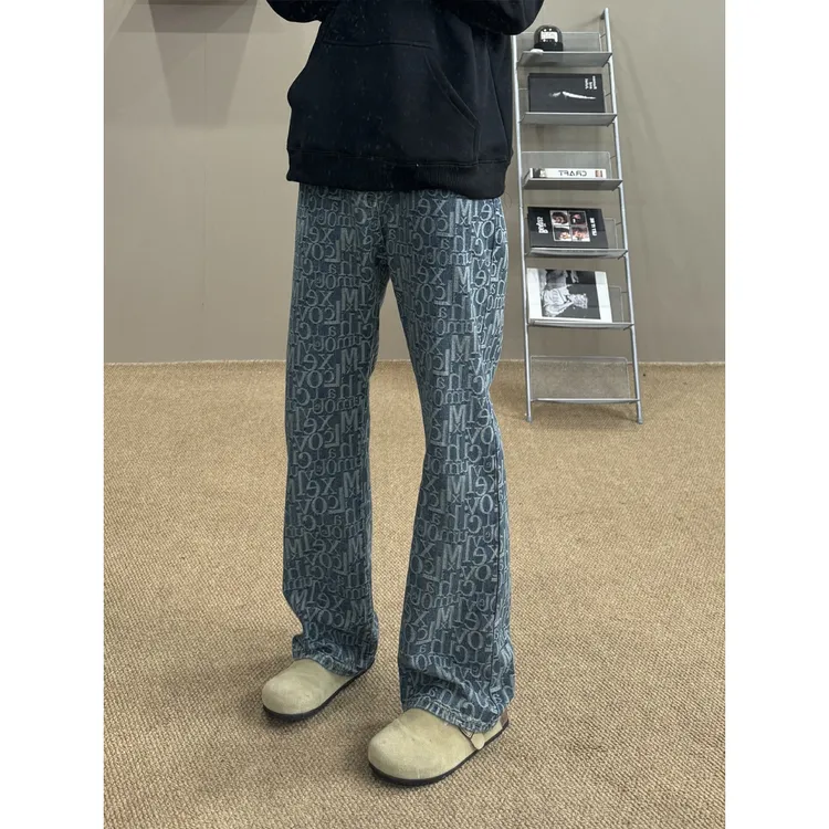 2025新款字母提花牛仔裤男款秋季潮牌vibe美式高街裤子直筒微喇裤