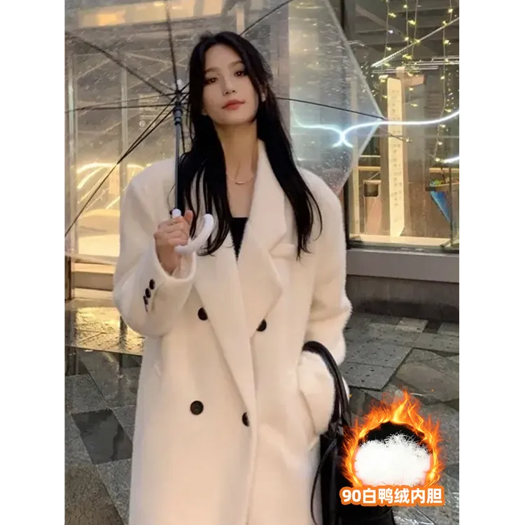 白色仿貂绒保暖羽绒大衣女气质小个子2025新款冬显瘦加厚毛呢外套
