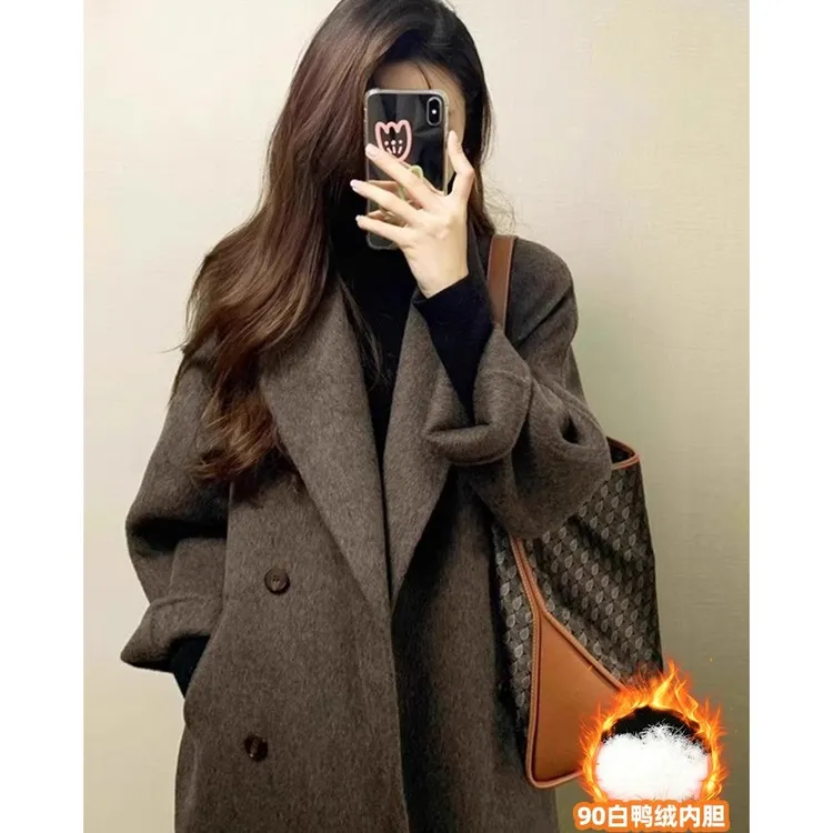 美拉德羽绒内胆加厚呢子大衣女中长款秋冬高级感双面保暖毛呢外套