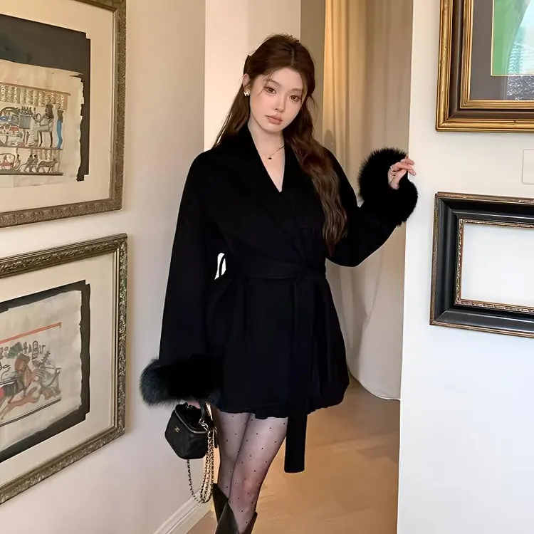 黑色双面羊毛大衣女2024新款秋冬收腰羊毛呢子外套高级感网红时尚