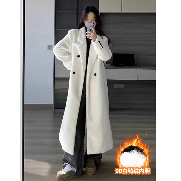 羽绒内胆白色毛呢大衣女2025冬季新款加厚仿水貂绒宽松呢子外套