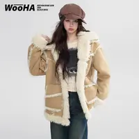 wooha秋冬厚外套防寒时髦感毛绒拼接加绒加厚两面穿外套 