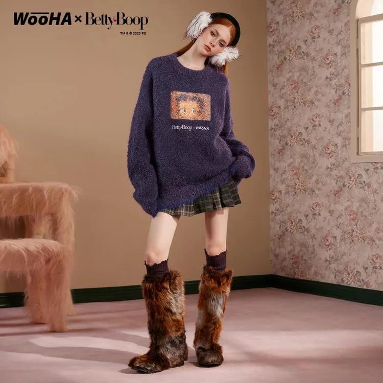 WooHa/吾哈冬热力感美式复古宽松贴布刺绣毛衣