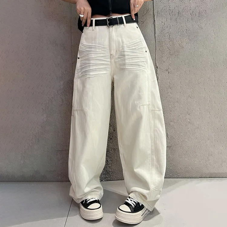 欧洲站牛仔弯刀裤女2024年秋季新品高腰宽松褶皱喷漆弯弯长裤女潮