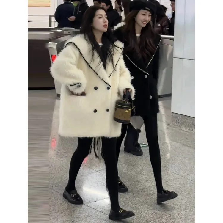 2024秋冬新款高级感海军领毛毛外套富家千金小众爆款气质宽松大衣