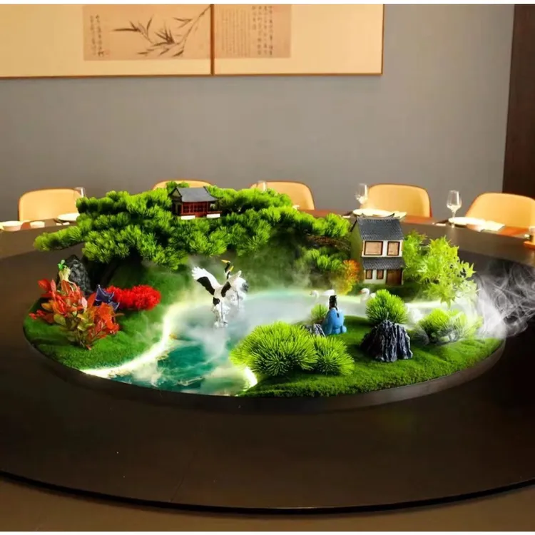 酒店餐桌中间摆件喷雾化灯光转盘摆花大圆桌中芯装饰品盆景观桌花