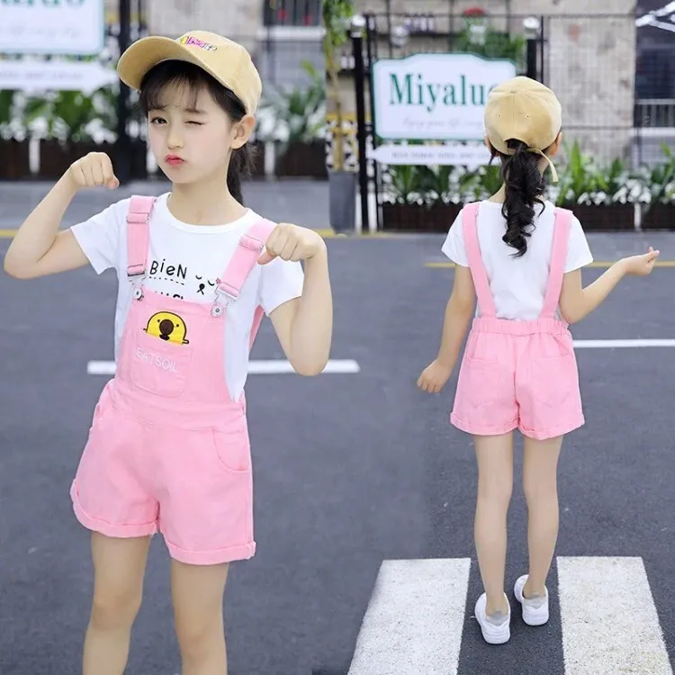 童装夏装背带裤套装女童短裤套装修身背带裤两件套中大童韩版女孩