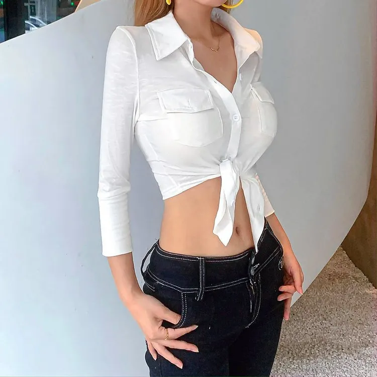 纯欲复古Polo领白色长袖衬衫女设计感打结排扣辣妹性感秋款上衣
