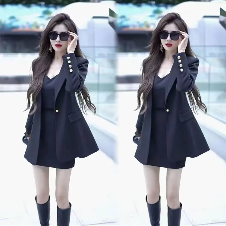 2024年春季新款洋气百搭三件套女纯色西装外套+吊带上衣+显瘦短裙