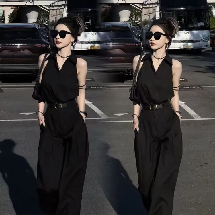 时尚干练高级套装女夏季黑色挂脖无袖上衣衬衫高腰阔腿裤两件套