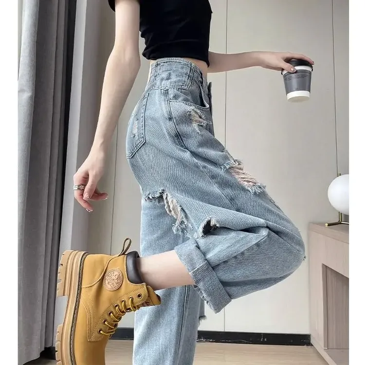 元族（前后破洞哈伦牛仔裤女夏季薄款年新款宽松小个