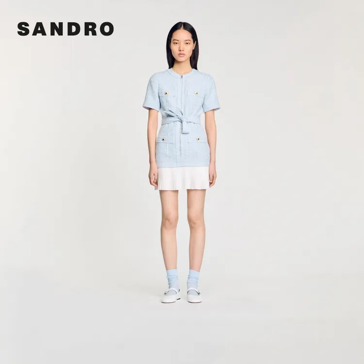 SANDRO2025早秋新款女装天蓝色花呢连衣裙SFPRO04173
