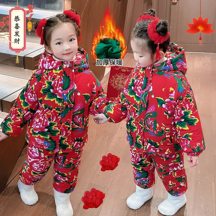 女童东北大花棉袄套装冬季加厚儿童棉服女宝宝过年衣服婴儿棉衣潮