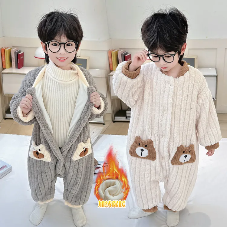 男童双层加绒珊瑚绒睡衣男宝宝法兰绒加厚连体婴儿冬季加厚连体衣