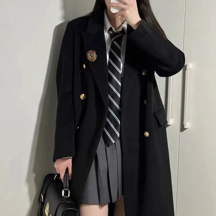 学院风双排扣大衣冬季加厚百搭jk宽松学生韩版气质长款羊毛大衣