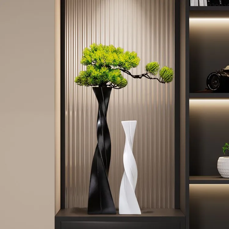 细长花瓶摆件迎客松绿植轻奢高级感客厅电视柜壁龛入户家居装饰品