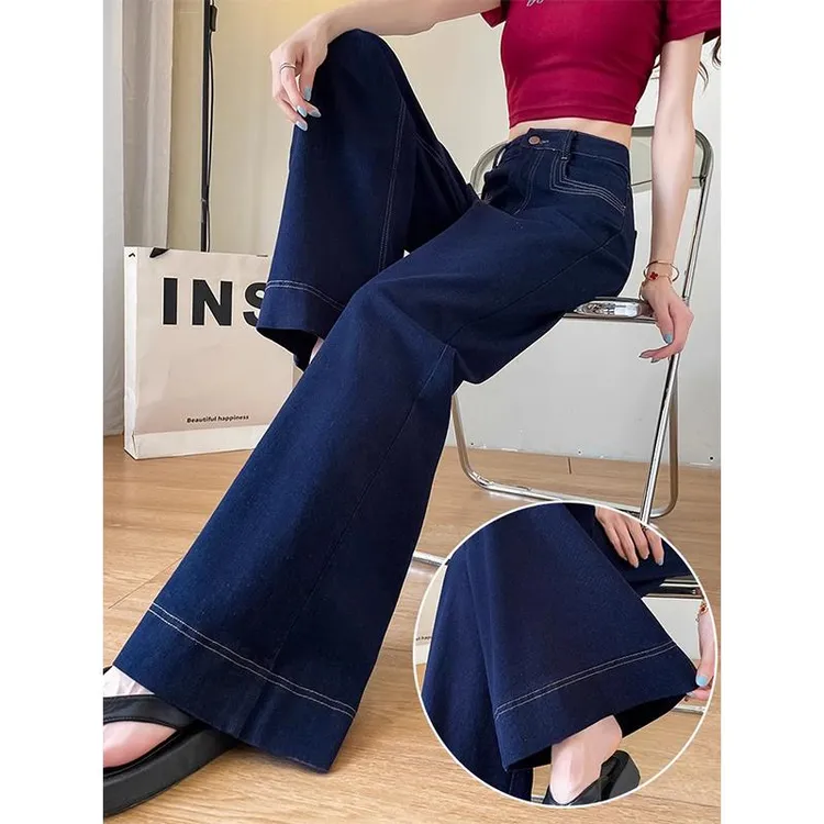软牛仔阔腿裤女2025新款冬季拖地裤垂感高级感复古港风深蓝色裤子
