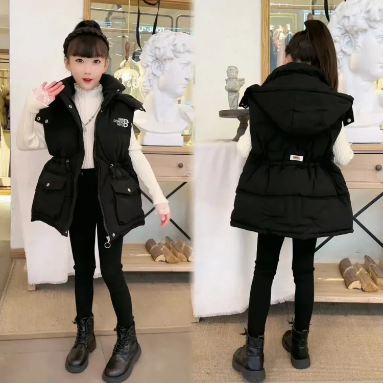 女童春秋冬季中长款棉马甲2025新款时尚童装棉衣外套儿童坎肩背心