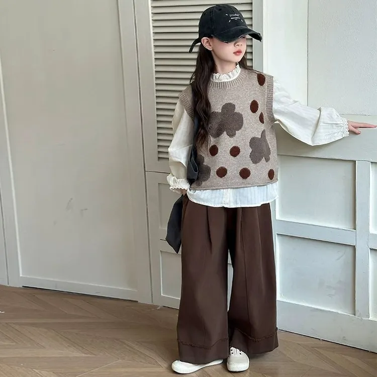 女童春秋季三件套2025新款洋气女大童韩系圆点针织马甲衬衣阔腿裤