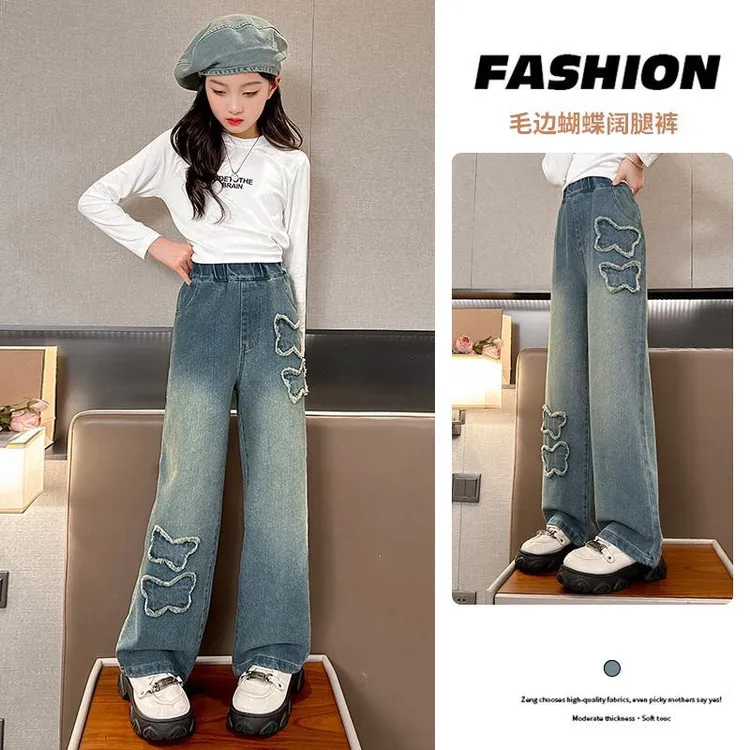 女童裤子春秋外穿2025新款小女孩直筒牛仔裤儿童中大童阔腿裤长裤