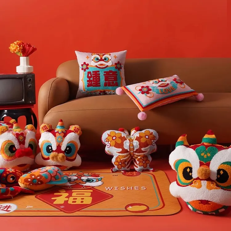 hs12新年抱枕醒狮刺绣国潮国风红色靠垫新中式沙发喜庆结婚靠枕