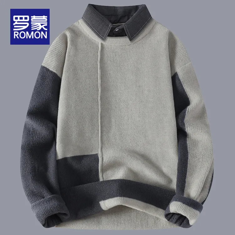 罗蒙秋冬款男士打底针织衫2024新款男款宽松拼色潮流衬衫领毛衣男