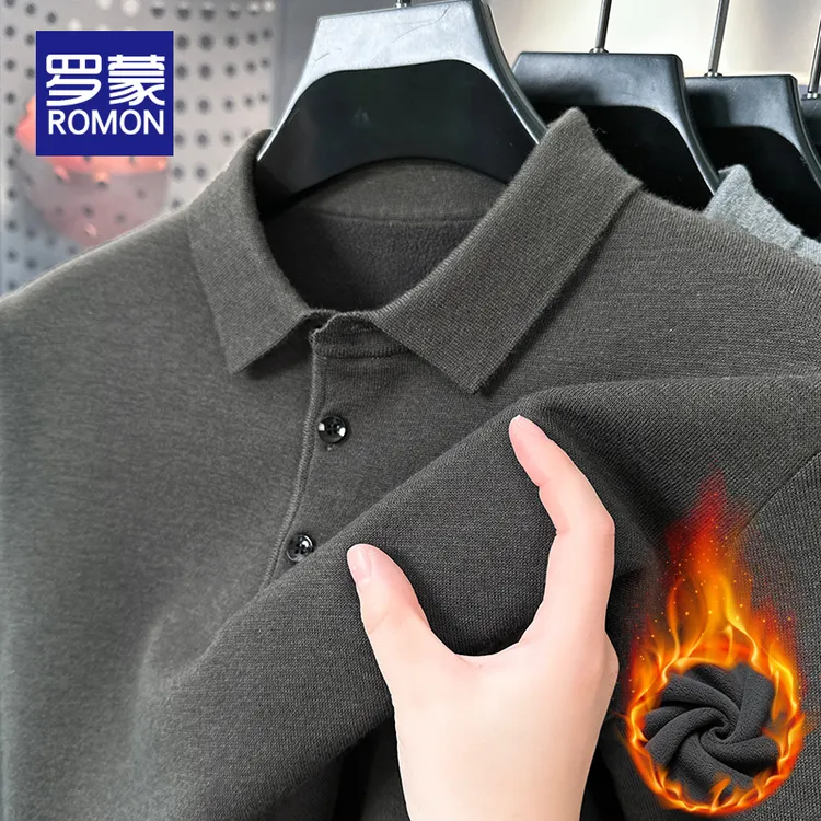 罗蒙秋冬男款加绒加厚针织衫男士含羊毛翻领毛衣时尚休闲打底衫男