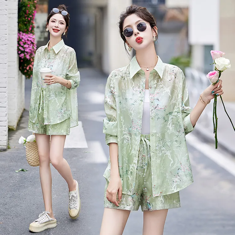 新中式洋气减龄印花防晒上衣短裤小清新两件套气质显瘦碎花套装
