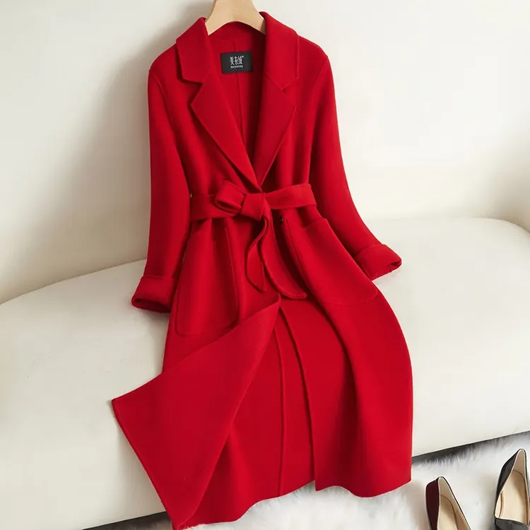 红色双面羊毛大衣轻奢高级感新娘结婚新年战袍中长款过膝毛呢外套