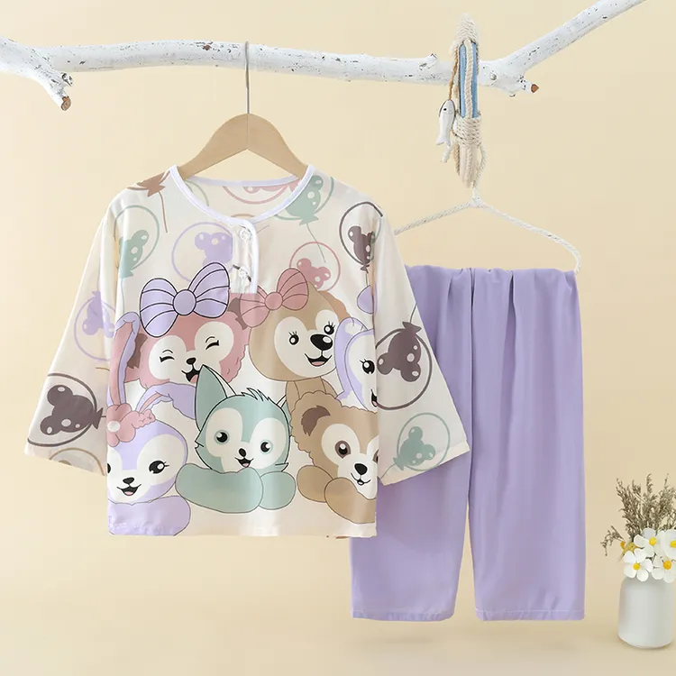 夏季棉绸儿童夏天女童女孩长袖薄款男童宝宝绵绸空调服儿童睡衣