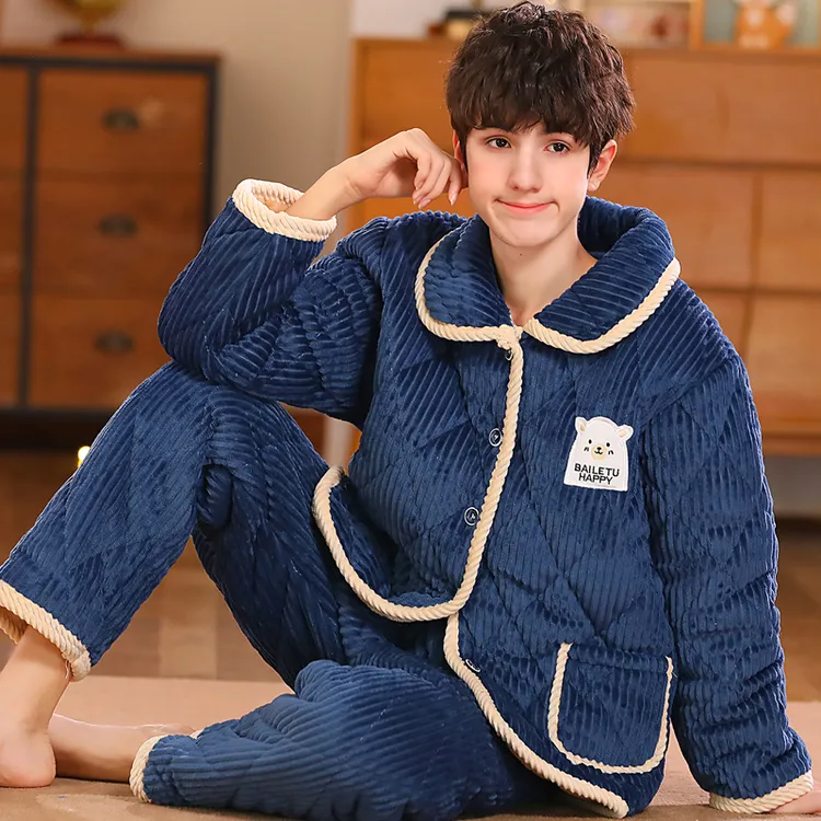 冬季珊瑚绒男孩中大童家居服套装三层夹棉加厚男士睡衣