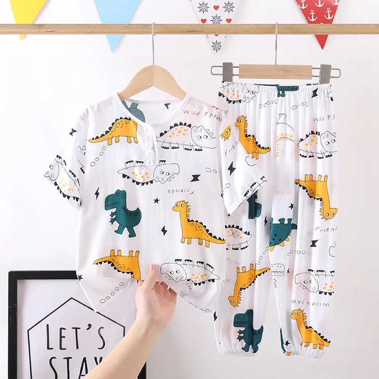 夏天儿童绵绸睡衣短袖男童女童宝宝棉绸男孩女孩空调家居服套装