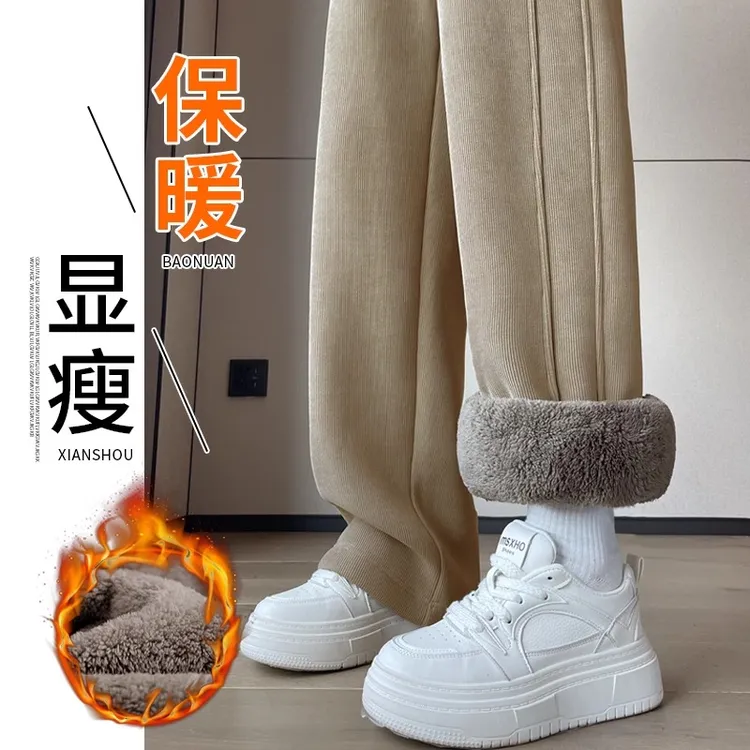 加绒窄版阔腿裤女冬季新款加厚保暖雪尼尔羊羔绒运动休闲直筒裤子