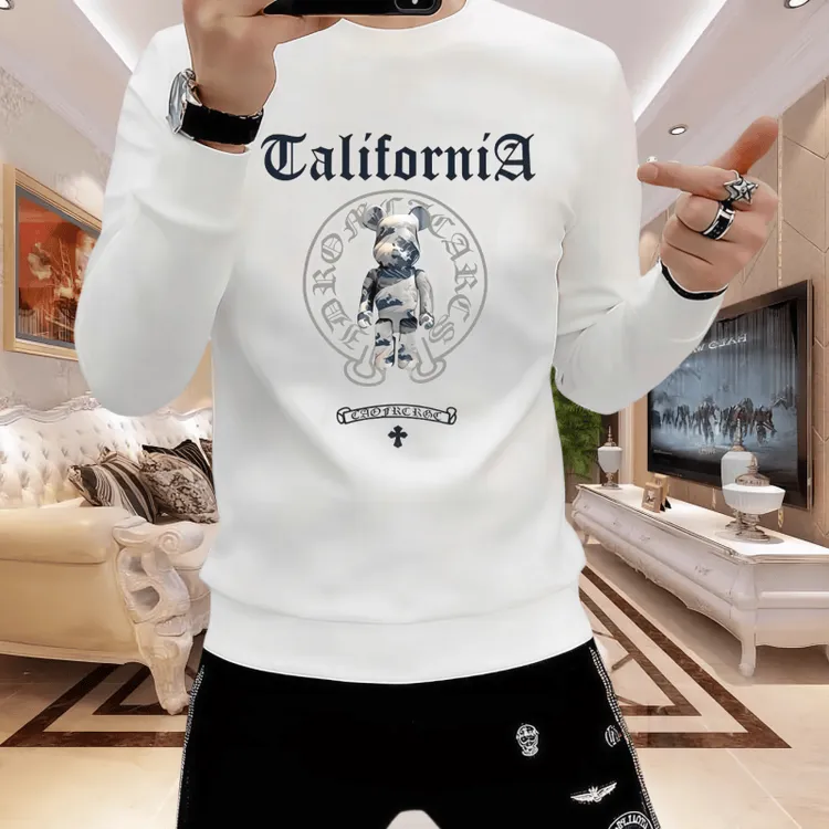 男士百搭时尚潮流修身圆领秋冬季新款印花长袖高档不起球白色卫衣