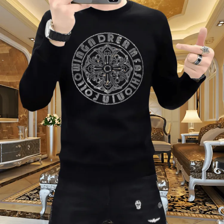 新款重工烫钻男士时尚休闲潮流修身秋冬季百搭圆领套头长袖白卫衣