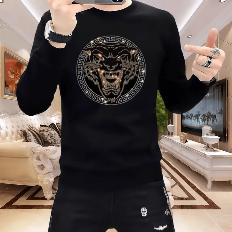 欧洲站男士新款虎头烫钻长袖时尚休闲潮流修身秋冬季圆领套头卫衣