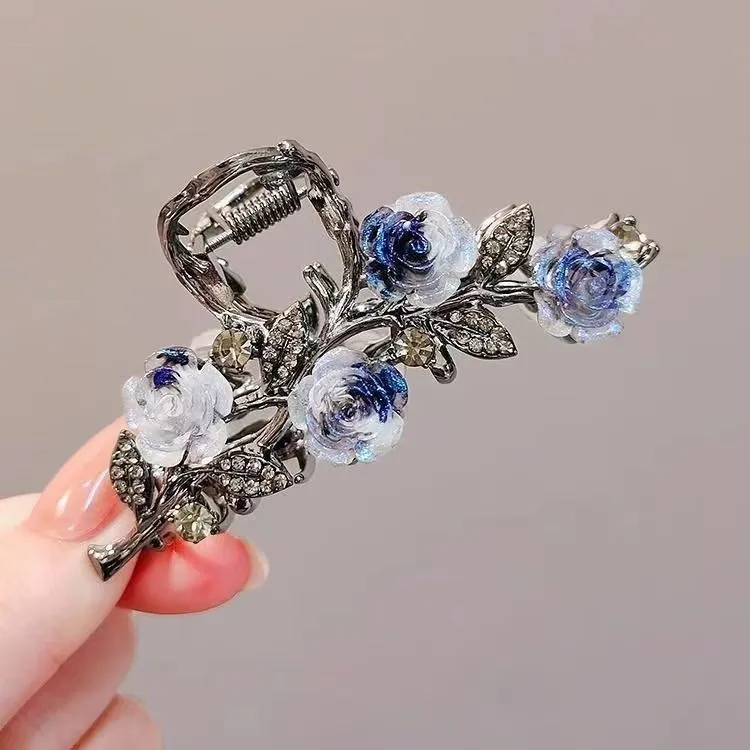 法式山茶花金属发夹后脑勺高级夹子优雅气质盘发大号鲨鱼发卡头饰