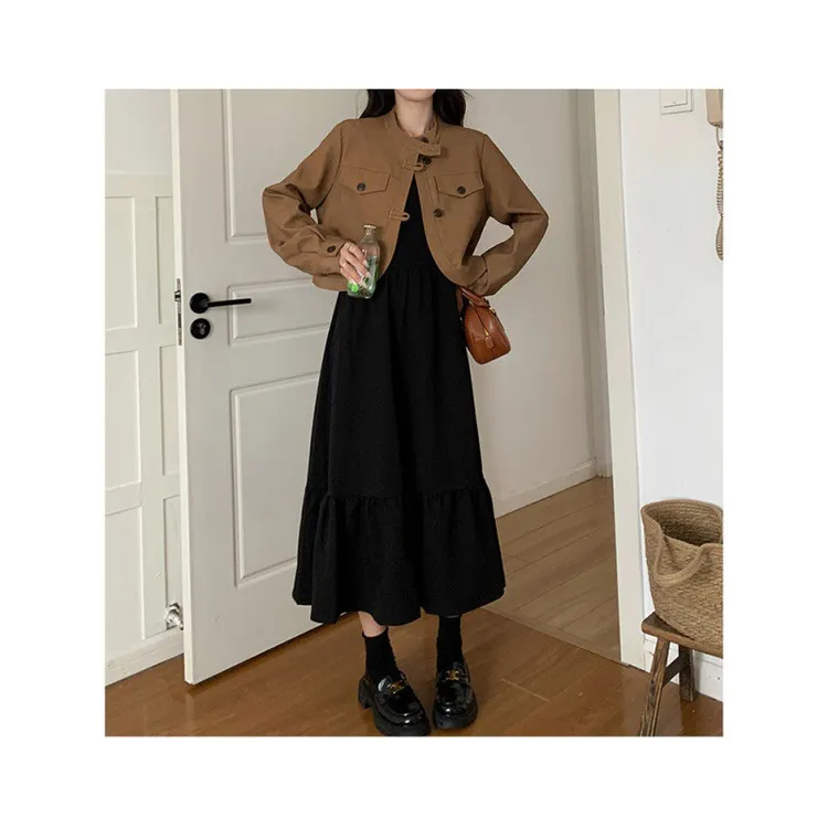 美拉德短外套连衣裙女2024新款早秋盐系穿搭显瘦气质长裙两件套装