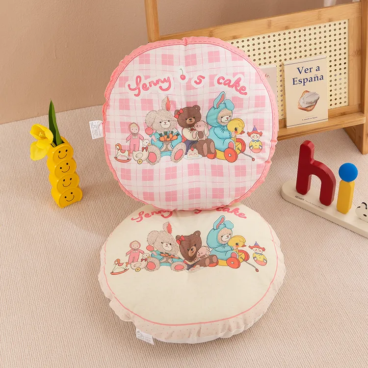 格子音乐熊可爱款棉麻圆形椅子坐垫居家用儿童女孩榻榻米地板垫子