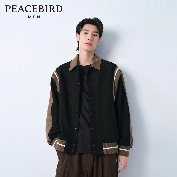 太平鸟男装复古仿麂皮撞色拼接棒球服宽松休闲夹克BWBCE3114