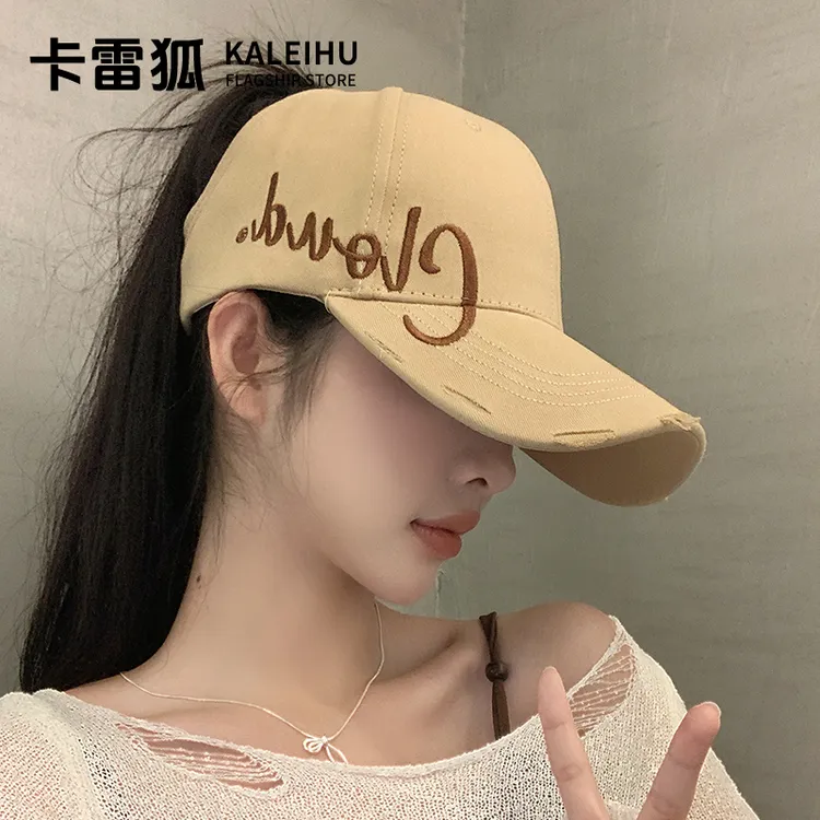 卡其破洞可扎高马尾棒球女夏季空顶鸭舌帽子显脸小遮阳宽檐大头围