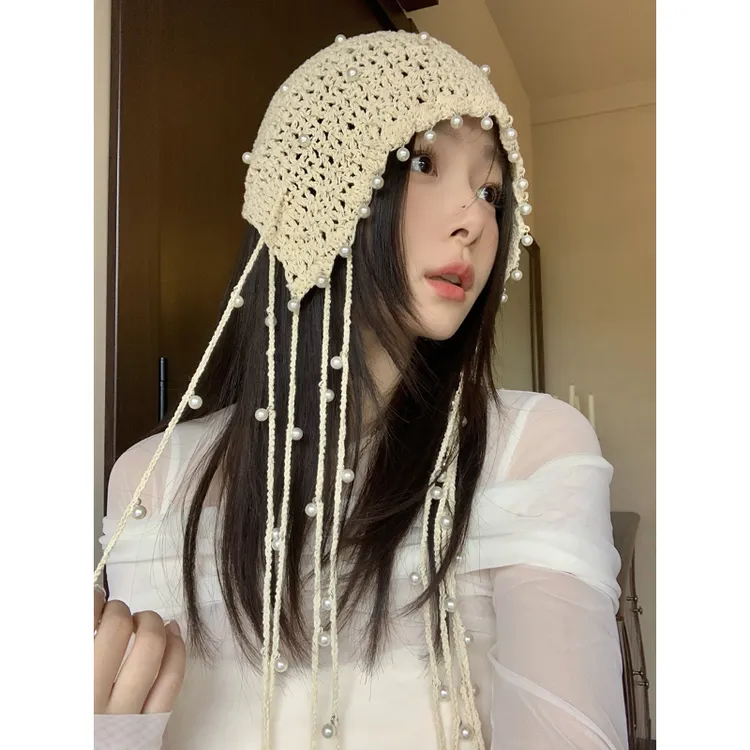 波西米亚民族风~珍珠吊坠流苏手工包头帽女春夏复古镂空针织帽