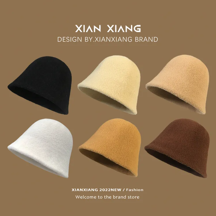 帽子女秋冬季羊毛呢渔夫帽素颜遮脸日系显脸小水桶帽保暖纯色盆帽