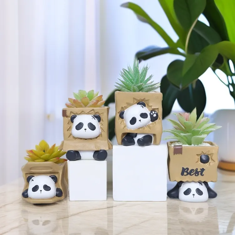 可爱卡通熊猫多肉小花盆创意办公室桌面微景观装饰品收纳摆件树脂